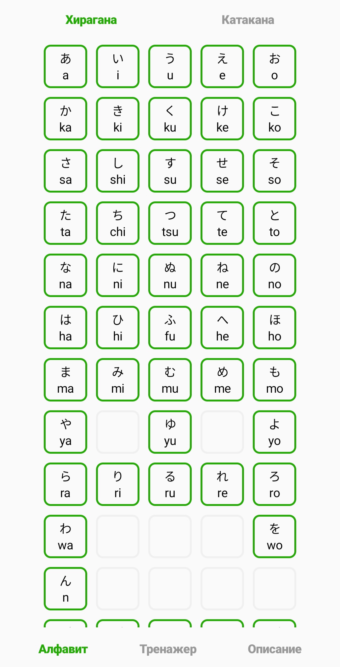 Тренажёр японского - Хирагана и Катакана скачать бесплатно Образование на  Android из каталога RuStore от Мостименко Кирилл Евгеньевич