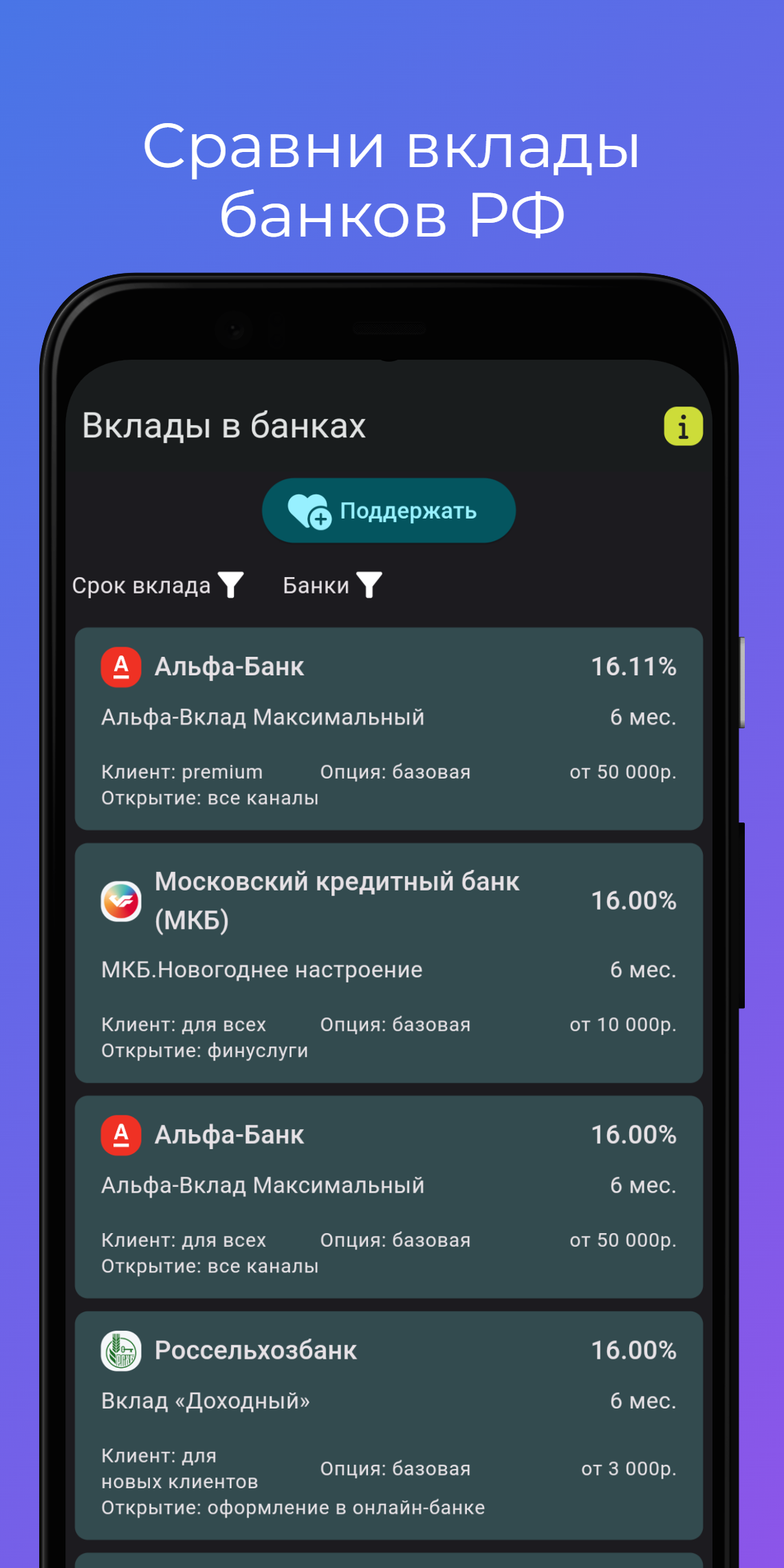 Вклады - Сравни Банки скачать бесплатно Финансы на Android из каталога  RuStore от Проскурня Михаил Александрович